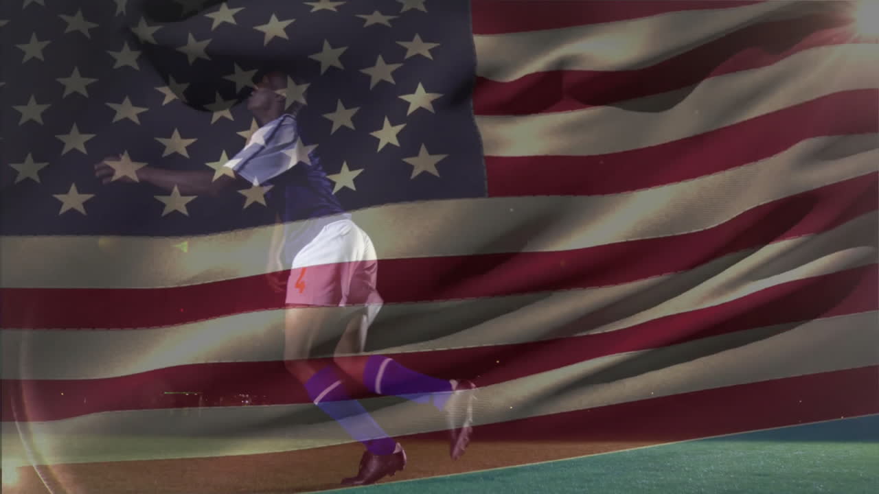 Sports scene showing soccer player dribbling under stadium lights, overlaying translucent US flag