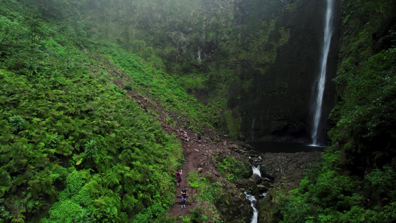 Aerial of Large Waterfall in the middle of the Jungle