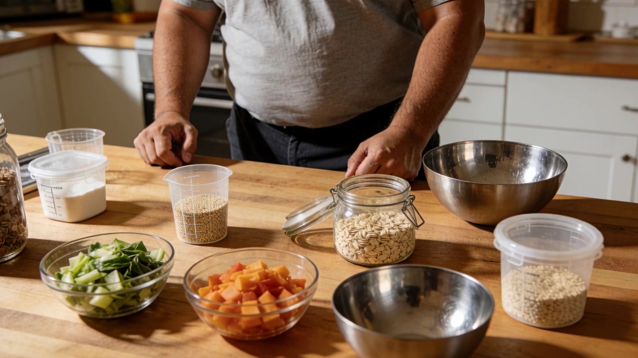 Arranging prep ingredients, man steadying bowls on wood counter in kitchen, in gray tee, dark pants