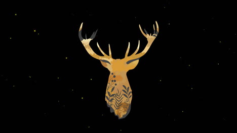 animación de forma de cabeza de ciervo con plantas y hojas sobre estrellas blancas que se mueven sobre fondo negro