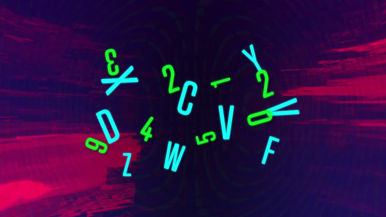 animación de letras y números azules y verdes que cambian, con destellos rojos en fondo oscuro