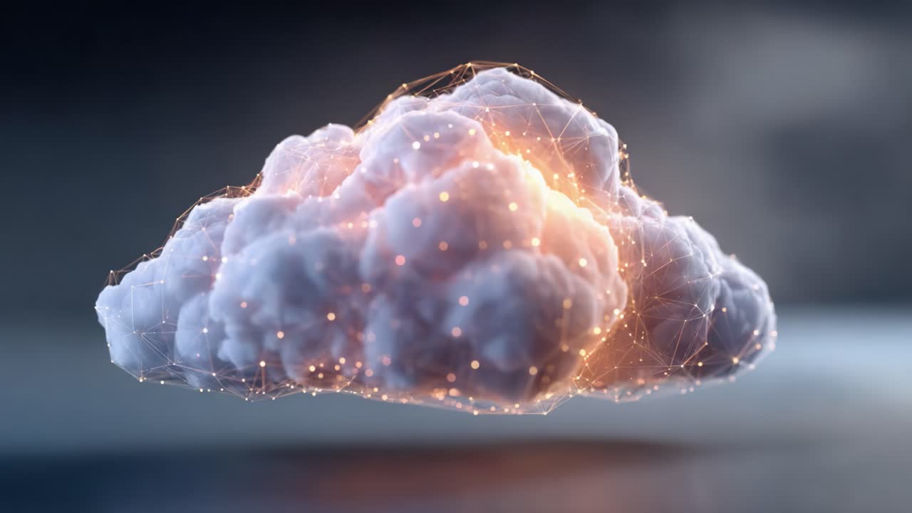 Uno straordinario rendering digitale di una nuvola, illuminata con un’illuminazione delicata e circondata da una rete di particelle luminose, che cattura l’essenza delle moderne tecniche di rendering in 3D.