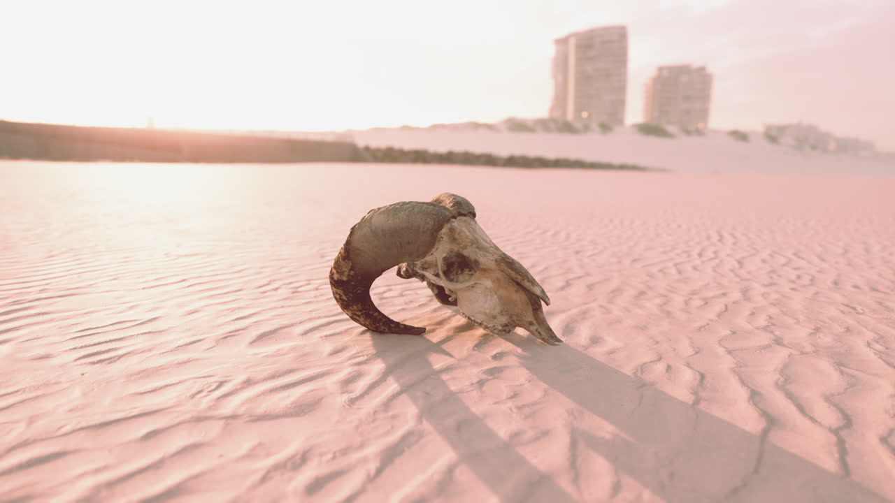 Teschio di ariete su una spiaggia desertica al tramonto