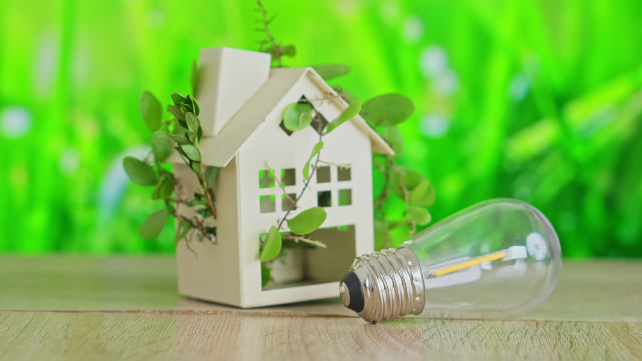 Modellino di casa in miniatura con foglie verdi e una lampadina su superficie di legno.