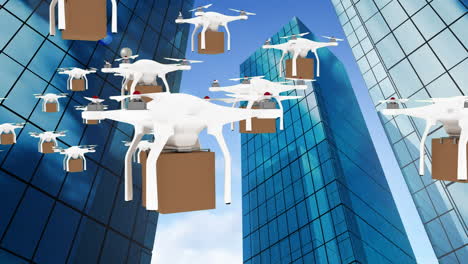 drones flying in the sky with boxes