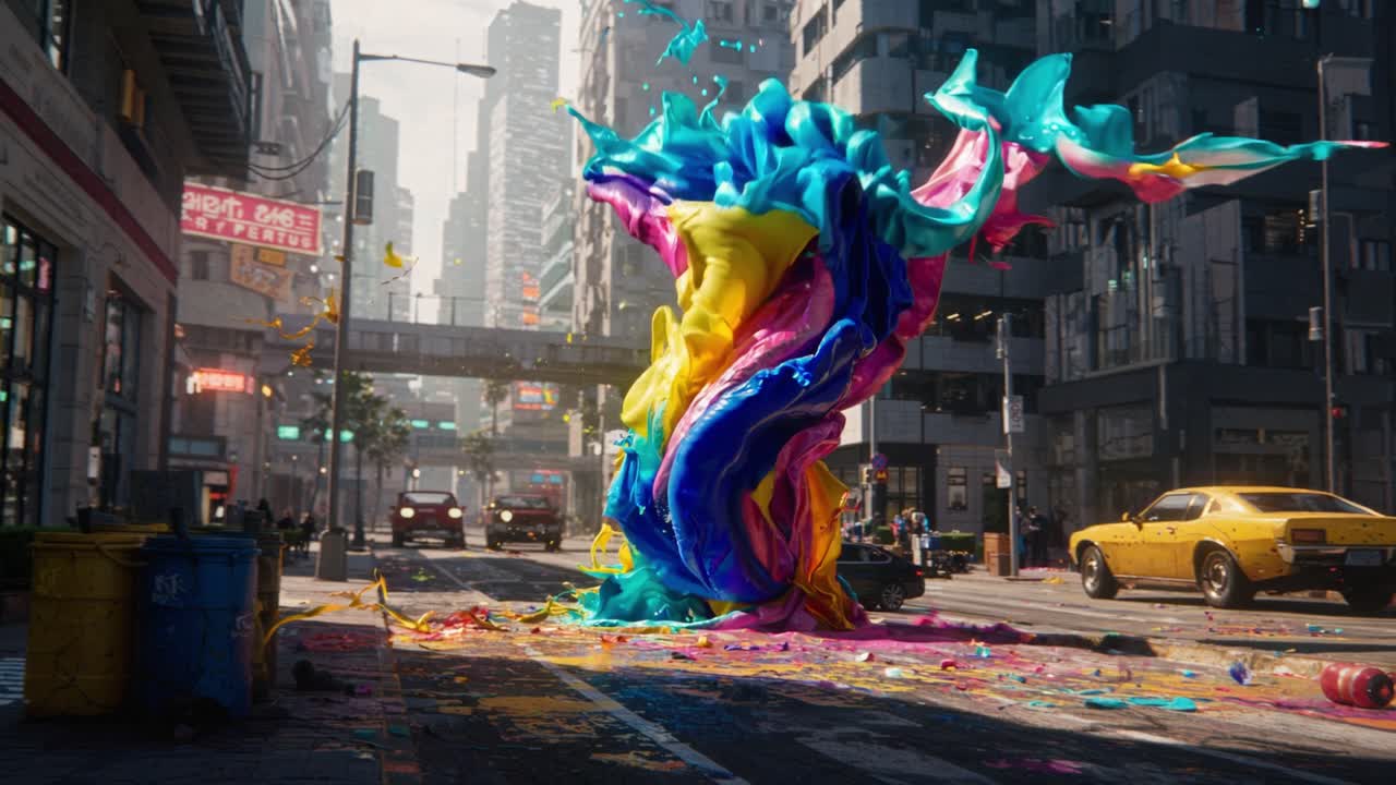 Colorful splashes of paint swirl dramatically in a busy city street, creating an eye-catching spectacle. In the background, tall buildings tower over the scene, showcasing a modern urban environment. Brightly colored vehicles navigate the road, while pedestrians are drawn to the mesmerizing display.
