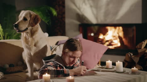 girl drawing by a warm fireplace with a dog