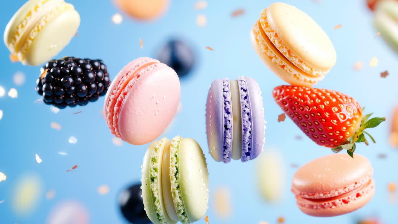 Colorful macarons with berries. Macarons in various colors hover alongside fresh strawberries and blackberries, creating a fun and festive display.
