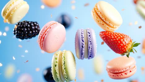 colorful macarons with berries. macarons in various colors hover alongside fresh strawberries and blackberries, creating a fun and festive display.