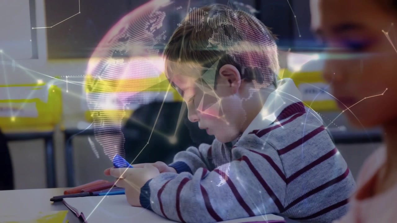 Boy tapping tablet with blue stylus in classroom, activating animated mesh and globe for education