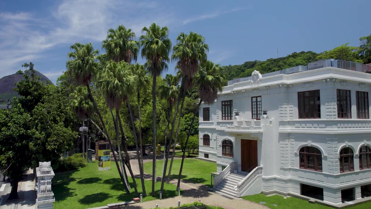 Dron ascendiendo frente al Jardín Botánico de Río de Janeiro durante un hermoso día soleado con cielo azul