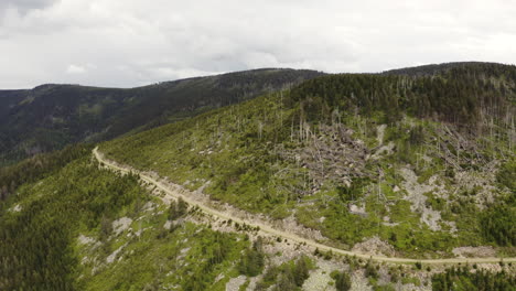 Mountains-with-felled-trees-and-road-in-Moravia,-Czechia,-drone-shot