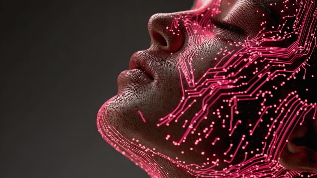 Sorprendente ritratto della trasformazione digitale: esplorando la fusione tra umanità e tecnologia attraverso intricate strutture facciali e motivi elettrici.