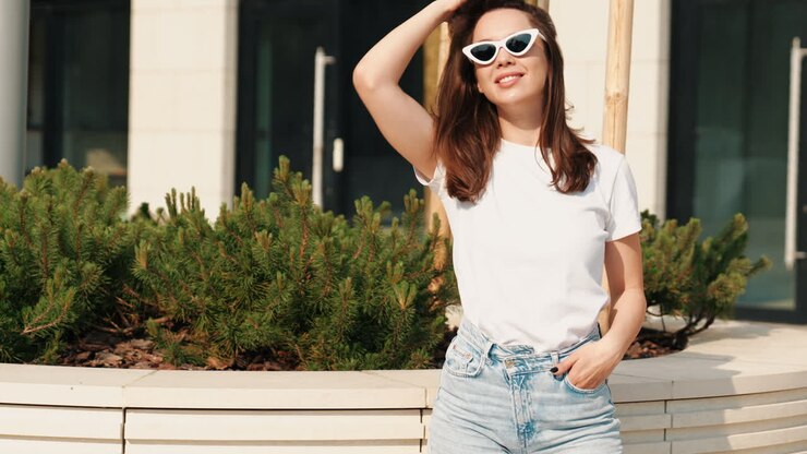 Stylish Woman in White T-Shirt and Blue Jeans