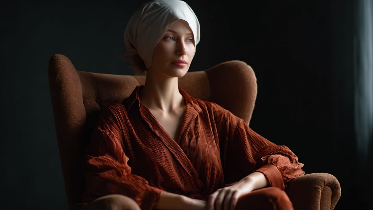 Un Ritratto Sereno di una Donna in Abito Marrone che si Rilassa Pensierosa in una Poltrona Vintage, Unendo Grazia ed Eleganza in un Contesto Minimalista