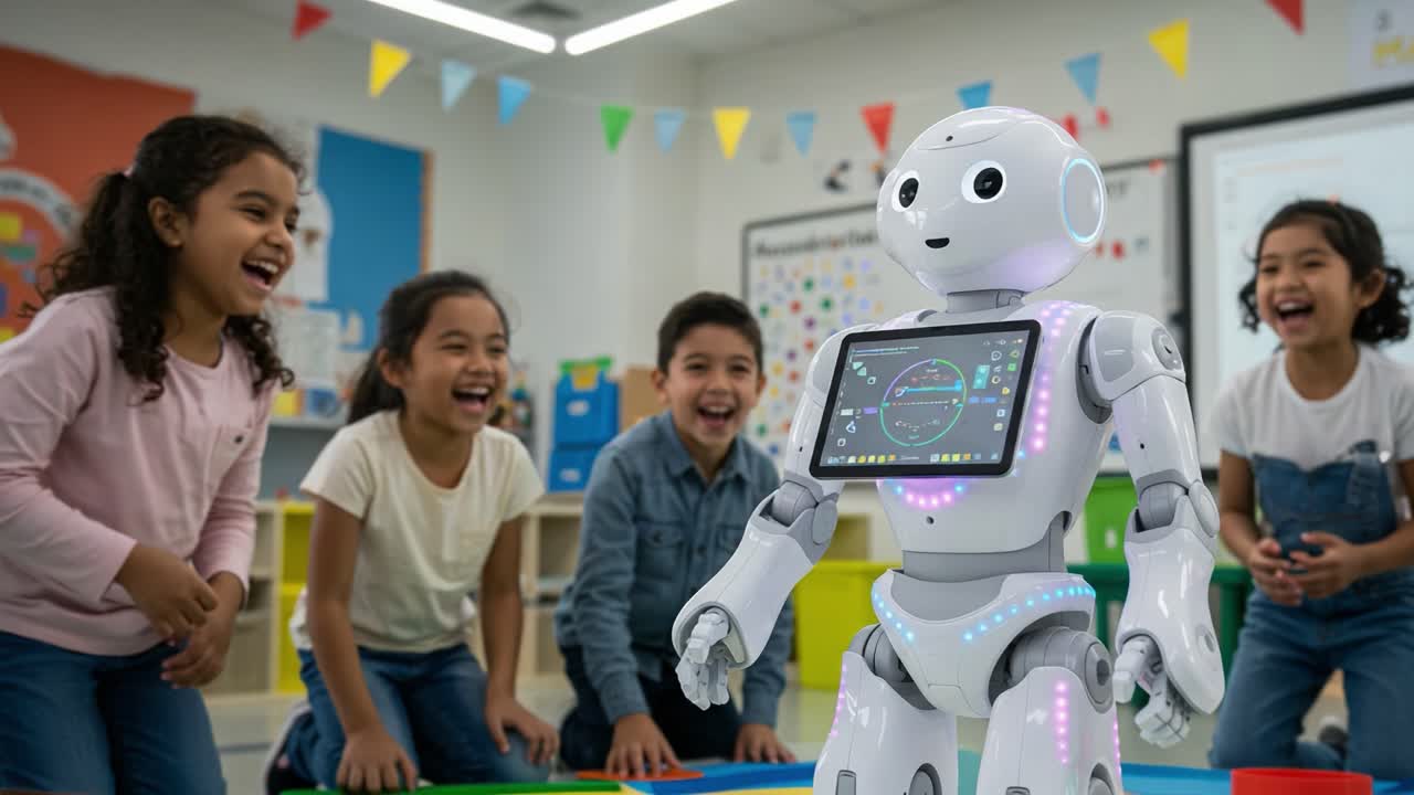 Exciting Interaction Between Children and a Friendly Robot in a Classroom Environment, Highlighting the Joy of Learning Through Technology and Playful Engagement