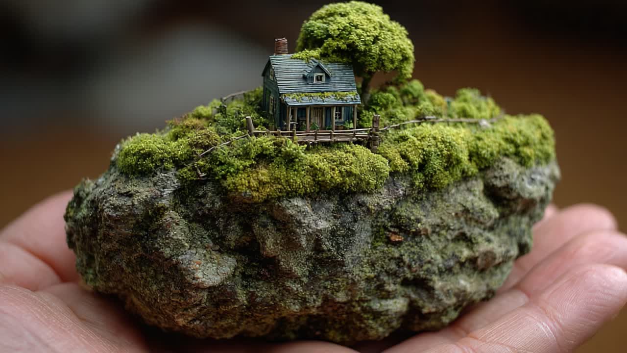 A breathtaking miniature scene capturing a charming house surrounded by lush greenery on a unique rock formation, cradled gently in a hand with intricate details showcasing nature's beauty