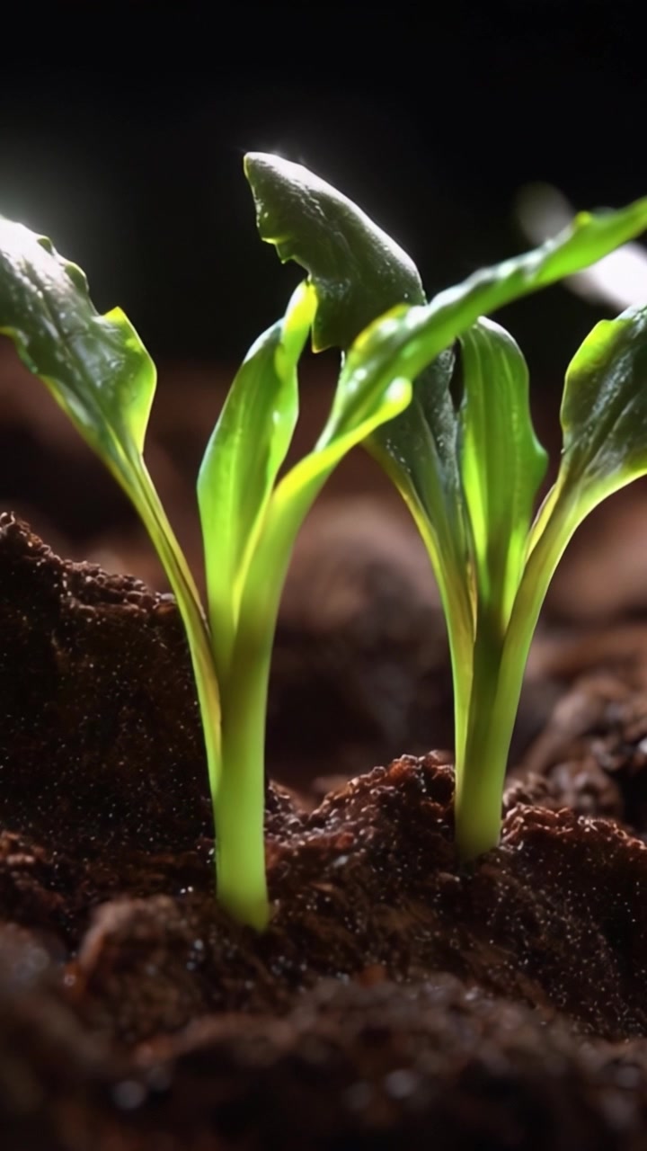 Una vista ravvicinata di giovani piantine verdi che emergono da un terreno ricco di nutrienti, evidenziando la crescita e il rinnovamento della natura in un ambiente lussureggiante e vibrante