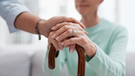 Senior-woman,-walking-cane