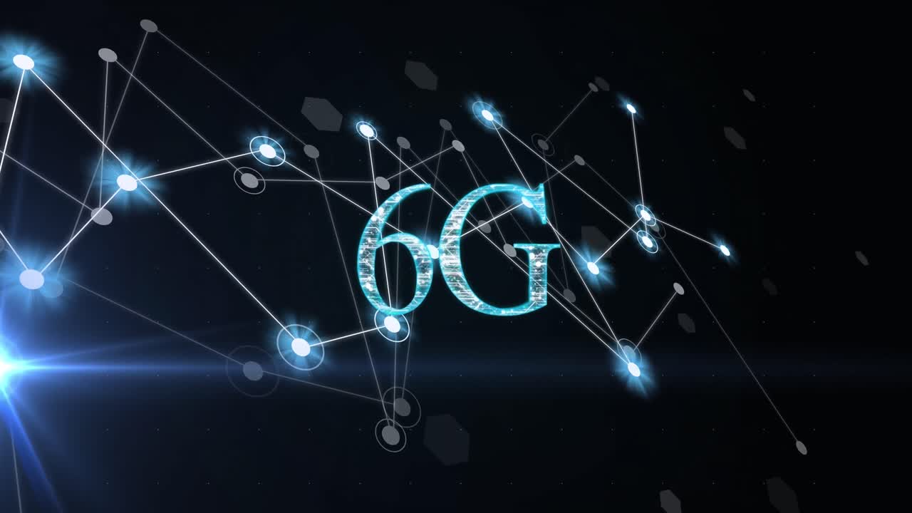 animación de texto 6g, conexiones brillantes y procesamiento de datos por computadora.