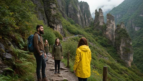 a group of hikers engages in conversation amidst majestic mountains and lush greenery, highlighting the beauty of nature and outdoor adventure