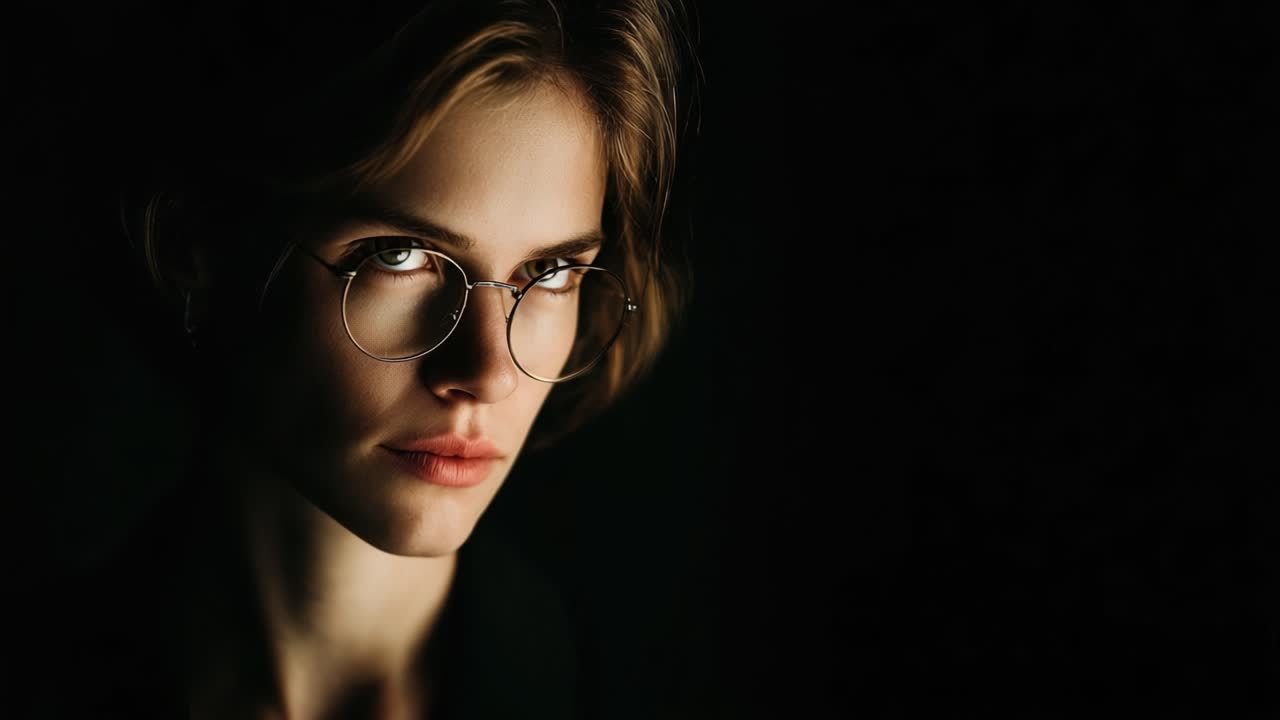 A Captivating Transformation: A Close-Up Journey from Contemplation to Intensity Featuring a Young Woman with Glasses in Dramatic Lighting