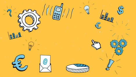 animación de iconos de negocios y medios dibujados sobre fondo amarillo