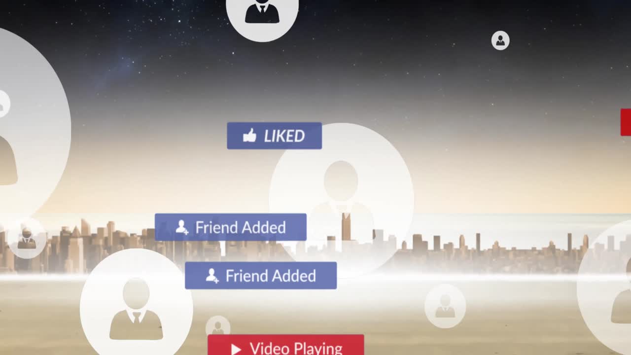 시내의 강과 건물 위로 이동하는 통지 및 프로필 아이콘의 애니메이션