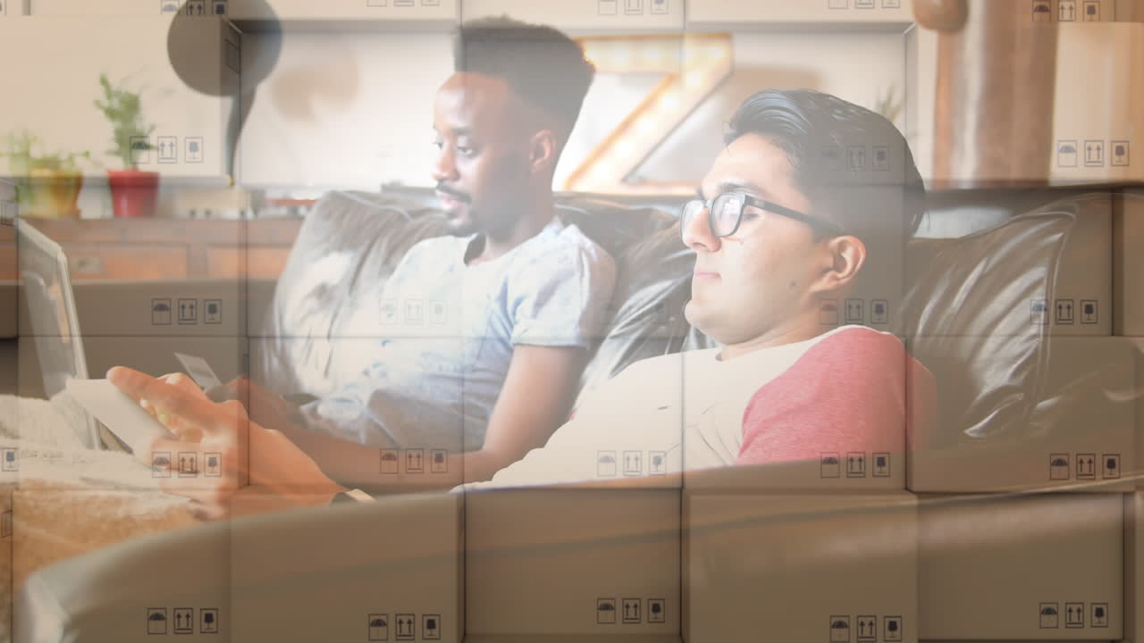 Caucasian men in social distancing buying online at home