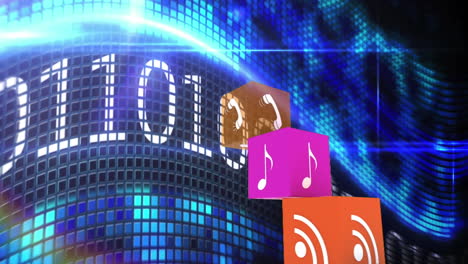 animación de iconos digitales y procesamiento de datos de codificación binaria sobre un fondo oscuro
