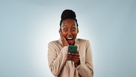 Wow,-black-woman-and-phone-with-happiness