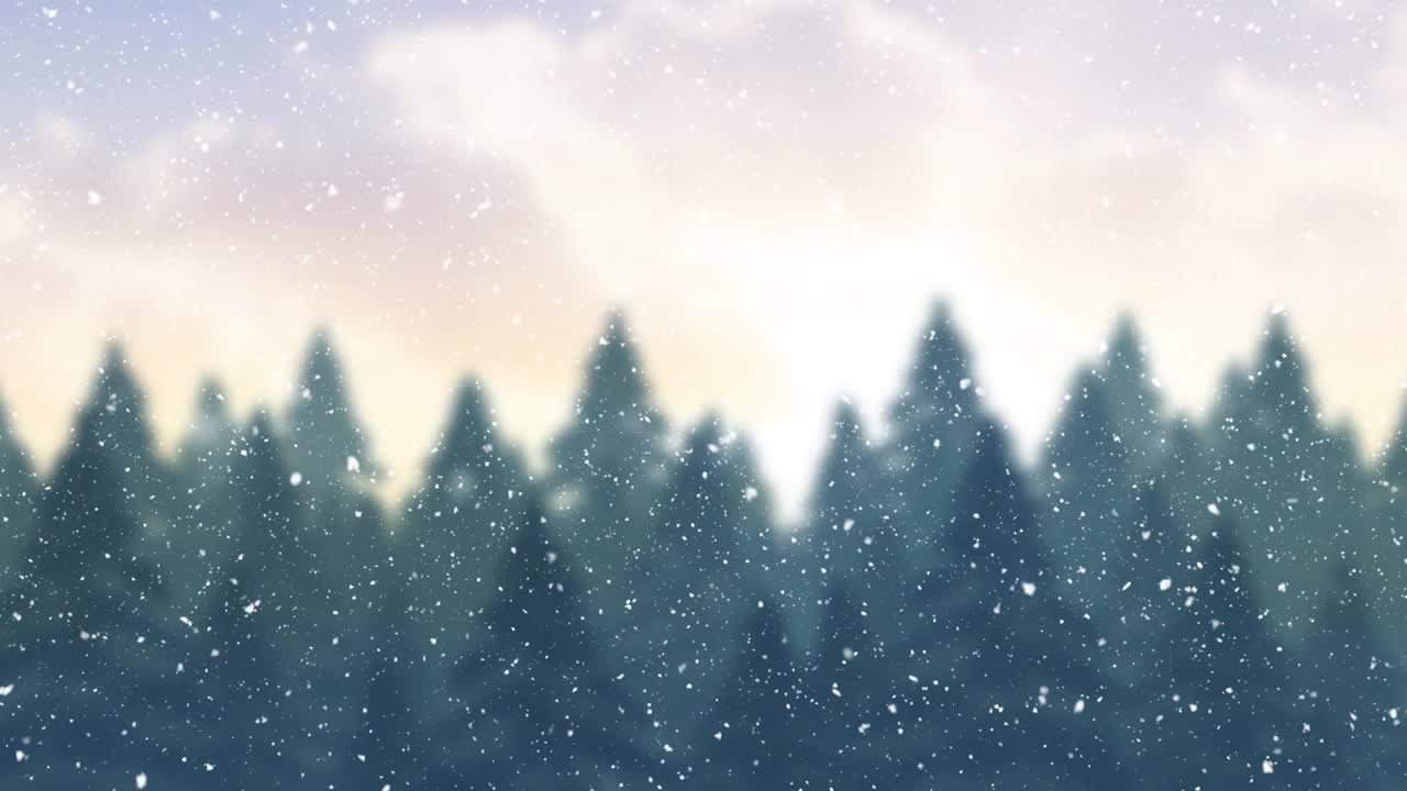 Animation of snow falling over christmas winter scenery with fir trees