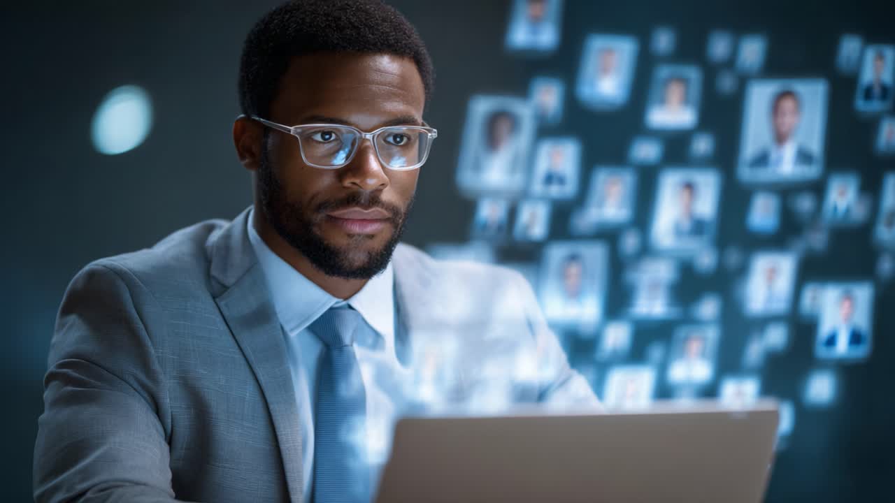 Focused professional engaged in digital networking and data analysis, surrounded by floating profile images symbolizing online connections and opportunities in a modern workspace