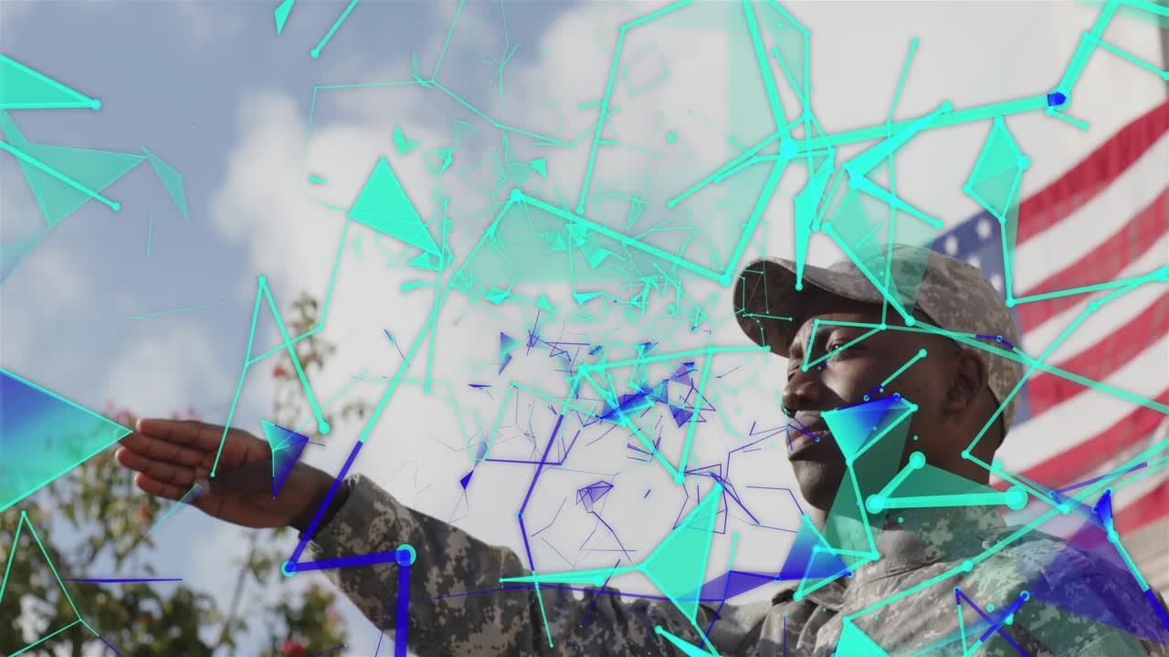 Service member turning saluting cap and extending arm to honor American flag as triangles drift