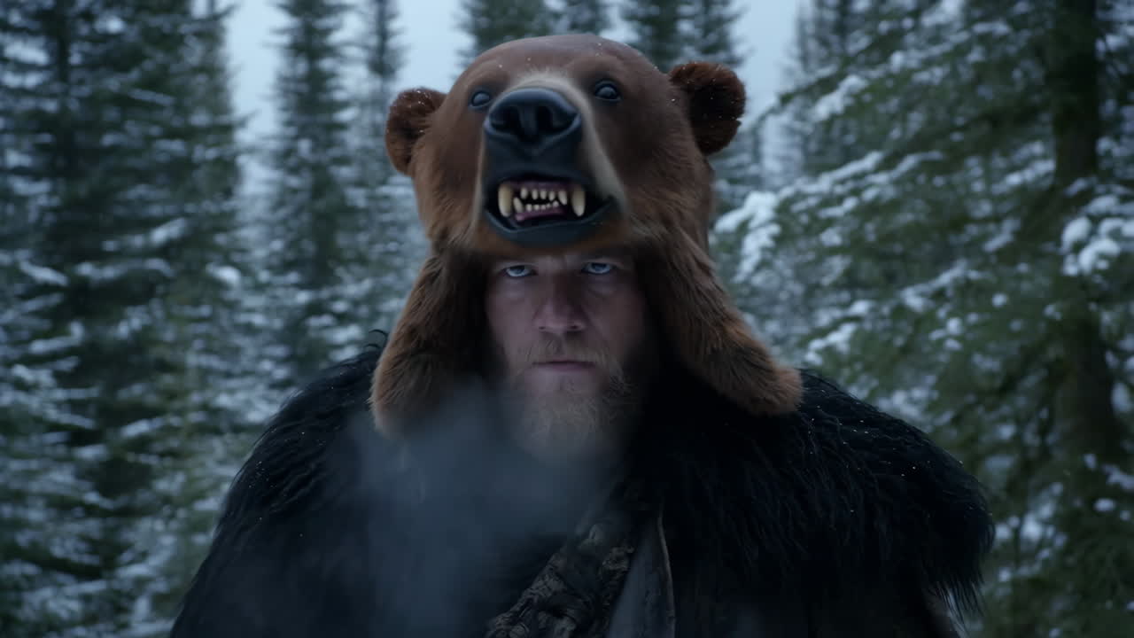 Man in Bear Head Hat in Snowy Forest