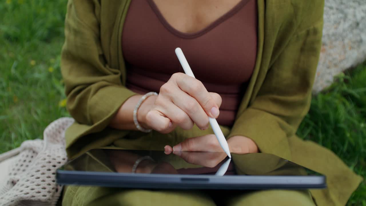 Mujer dibujando en una tableta al aire libre