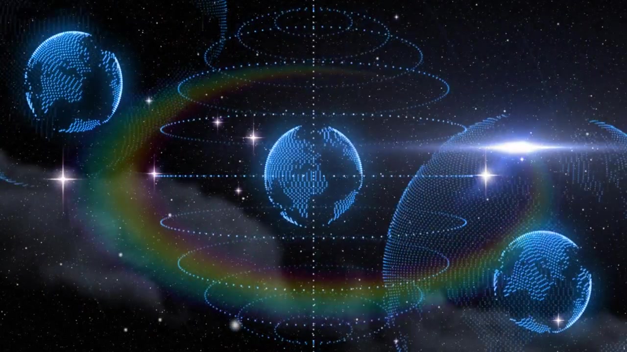 lens flare initiating rainbow torus forming and highlighting rotating three globes in starfield
