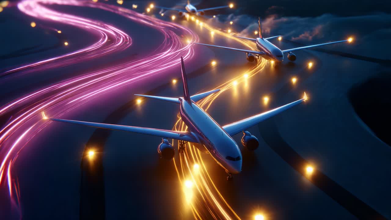 Dynamic Scene of Airplanes in Motion: Aerial View of Multiple Aircrafts Navigating Along a Brightly Lit Path Trail with Colorful Light Effects During Nighttime Operations