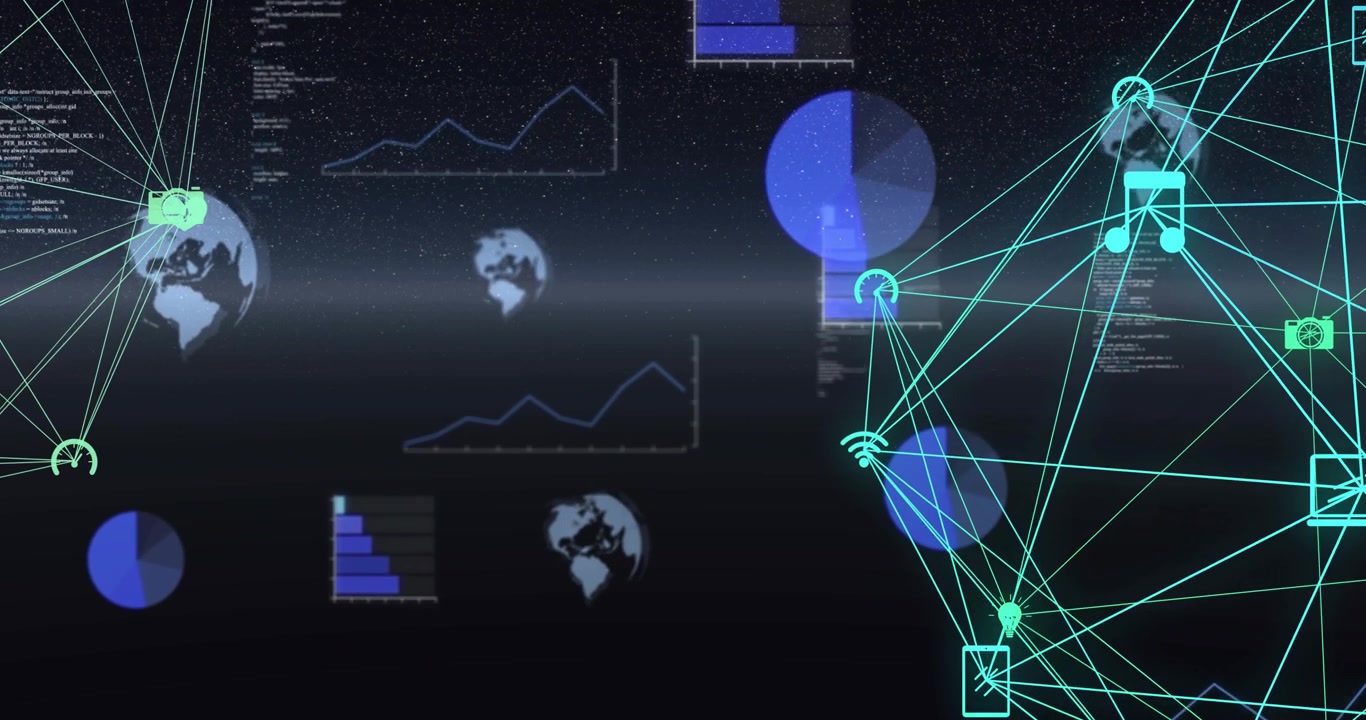 Central light band pulsing, turquoise mesh expanding and connecting nodes visualizing network