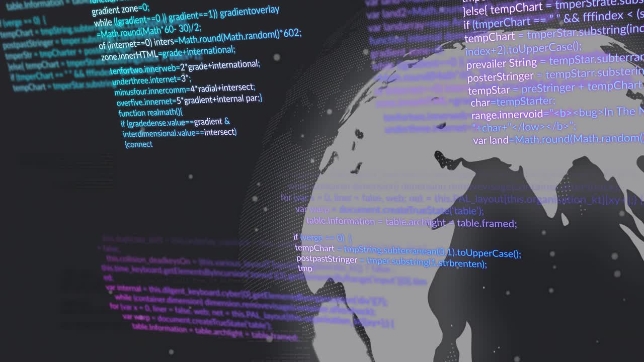 Stylized globe entering right, rotating while timeline advancing and code streams scrolling data