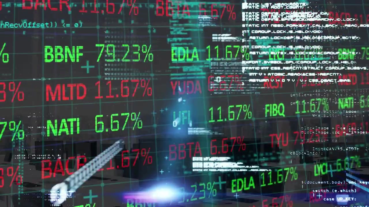 Animation of trading board, computer language and binary codes over empty room of office