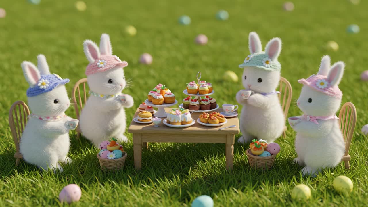 Adorable Rabbits Gather for a Delightful Tea Party with Sweet Treats and Colorful Decor in a Lush, Green Setting, Enjoying Friendship and Festivity Together