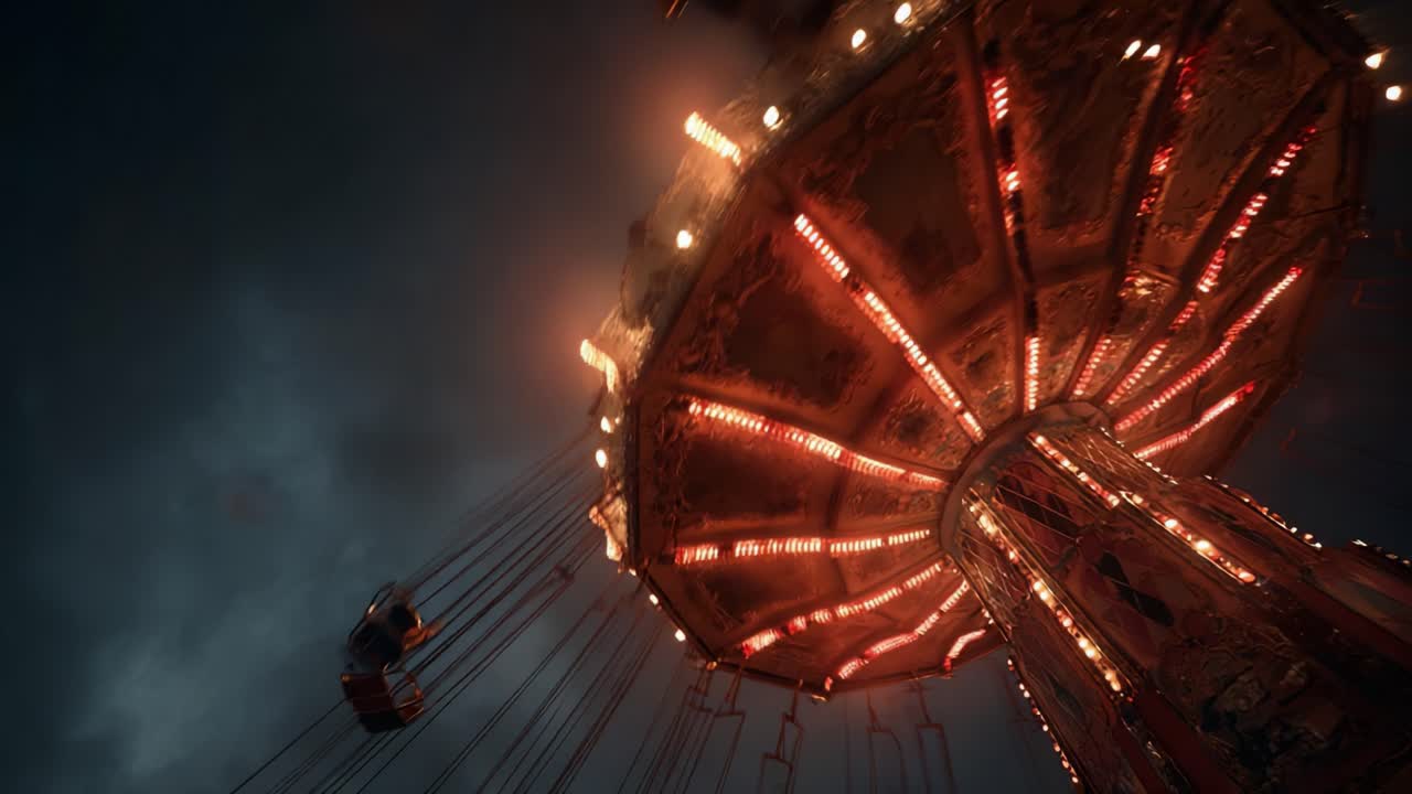 A Mesmerizing View of a Vintage Carnival Swing Ride Illuminated by Flickering Lights Against a Dramatic Twilight Sky Reflecting Nostalgic Joy and Wonder