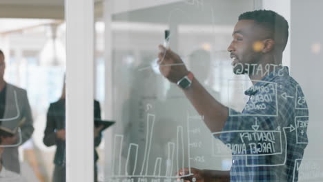 Afroamerikanischer-Geschäftsmann-Schreibt-Auf-Einem-Glas-Whiteboard.-Marketing-Teamleiter-Schult-Kollegen-In-Treffen,-Brainstorming,-Problemlösungsstrategie,-Austausch-Von-Ideen-Im-Büro,-Präsentationsseminar-4k