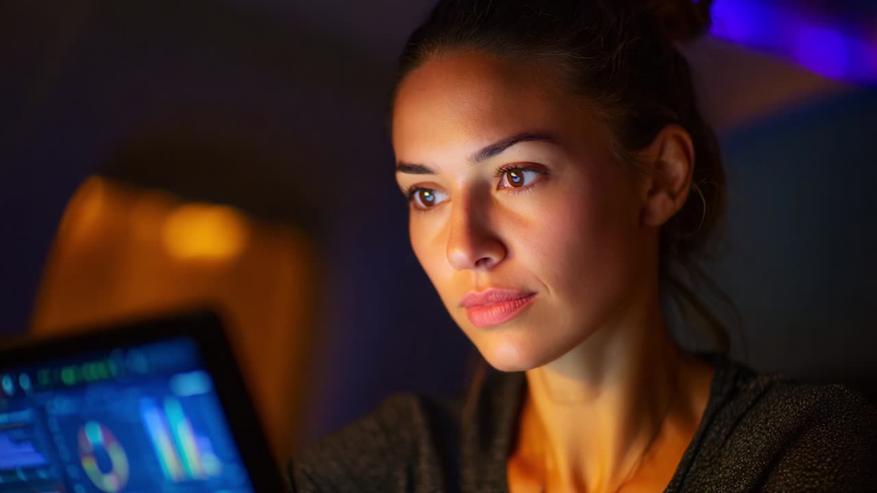 A focused young woman absorbed in her work on a laptop in a dimly lit environment, showcasing determination and concentration while navigating complex data and visuals on the screen