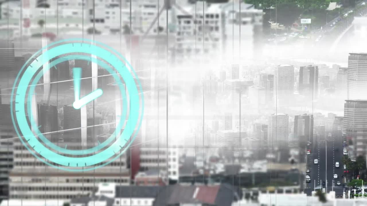 Animation of clock moving over cityscape and road traffic