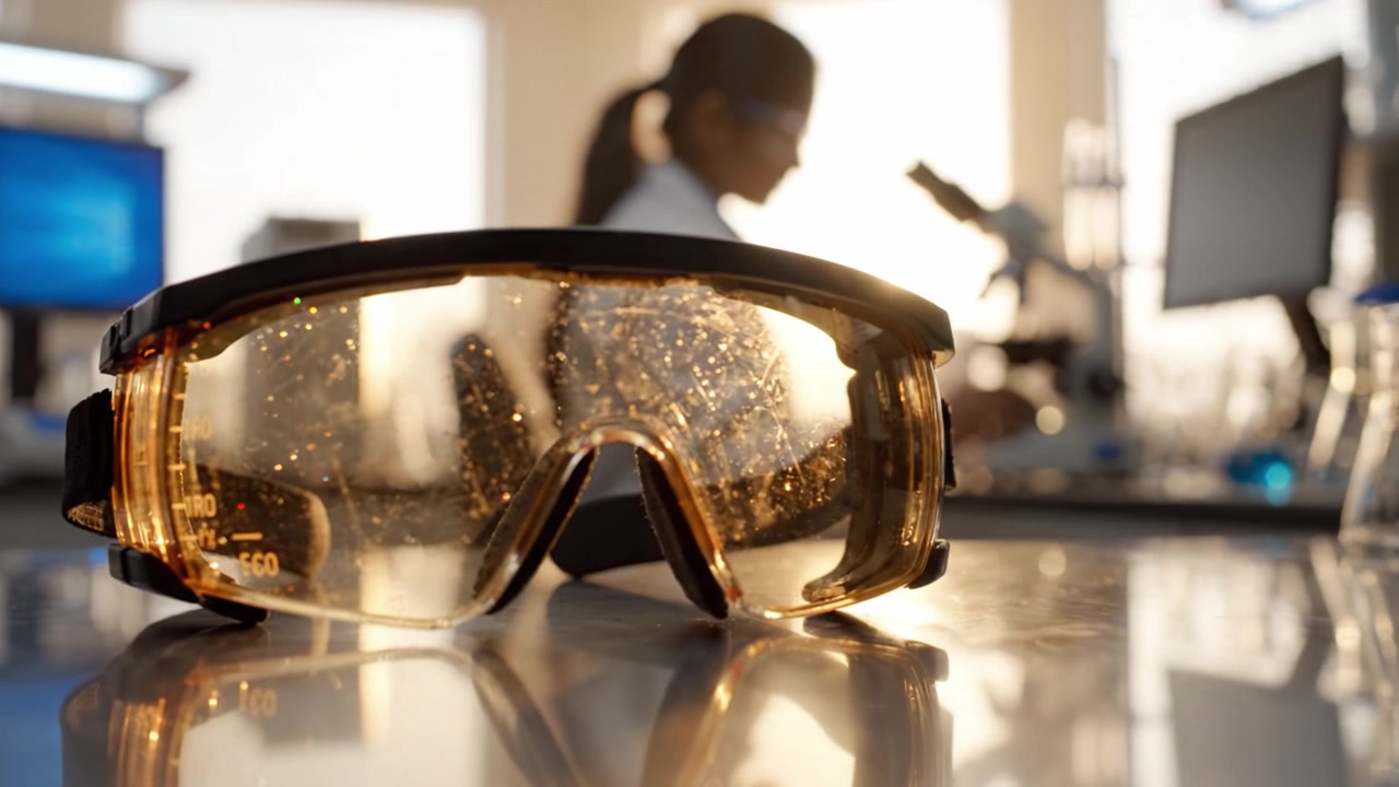 Lab Research Focus: Protective Eyewear in a Scientific Setting with an Unseen Researcher Using a Microscope Amidst Glassware and Technology