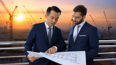 two businessmen or engineers reviewing blueprints at a construction site during sunset