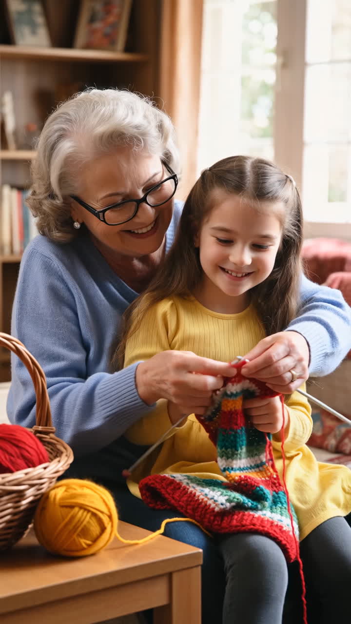 Nonna e nipote che lavorano a maglia insieme