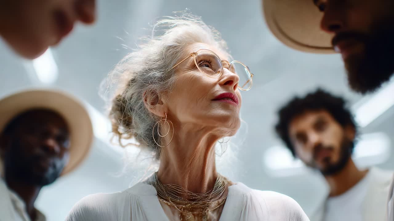 An Intimate Moment of Connection: Emphasizing the Wisdom of Age and the Depth of Experience Through the Gaze of a Graceful Elder Surrounded by Caring Individuals